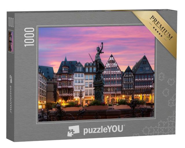 Puzzle 1000 Teile „Altstadtplatz Römerberg mit Justitia-Statue in Frankfurt, Deutschland“
