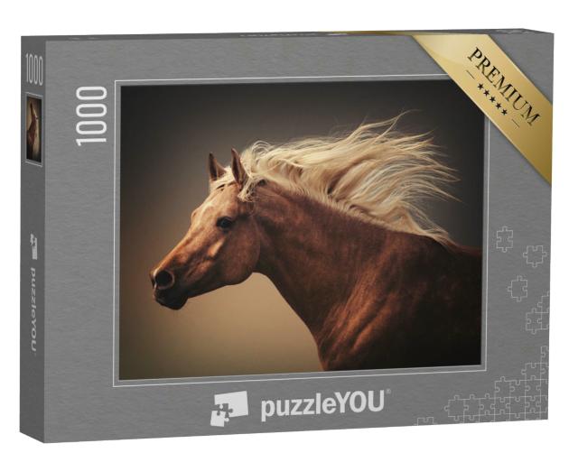 Puzzle 1000 Teile „Pferd mit fliegender Mähne im Staub des Galopps“