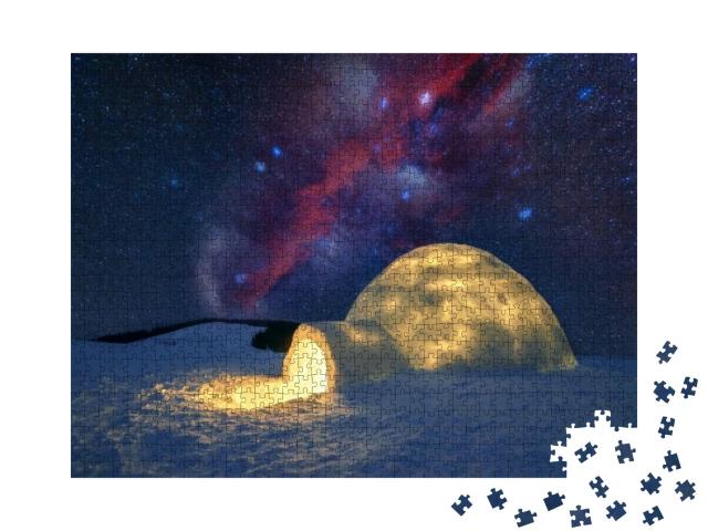 Puzzle 1000 Teile „Beleuchtetes Iglu unter dem Sternenhimmel der Karpaten“