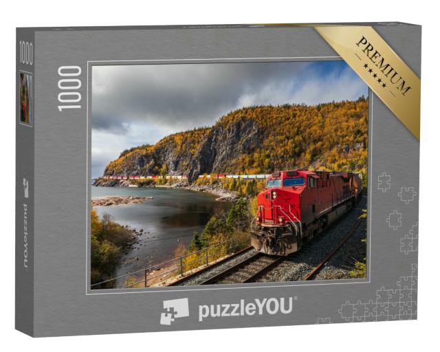 Puzzle 1000 Teile „Ein Güterzug transportiert Frachtcontainer durch die Landschaft“