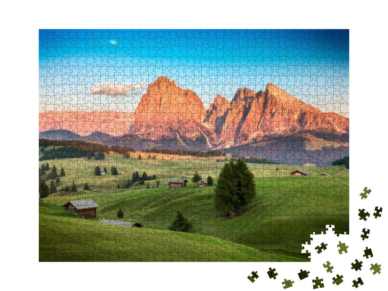 Puzzle 1000 Teile „Seiser Alm mit Langkofelgruppe im abendlichen Sonnenlicht, Südtirol“