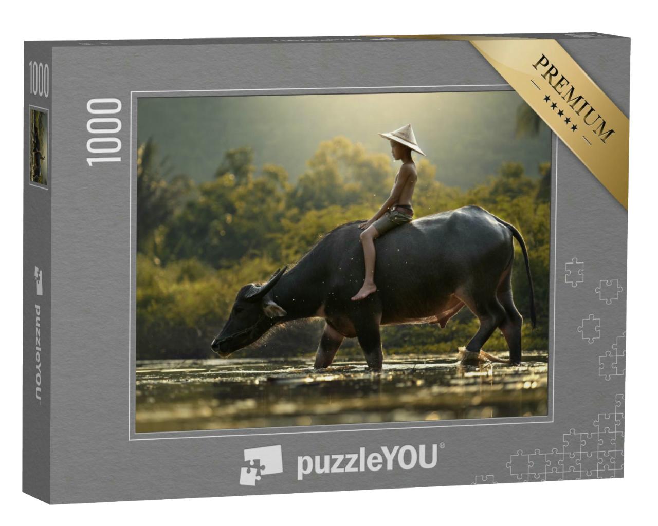 Puzzle 1000 Teile „Junge und Wasserbüffel, Kambodscha“