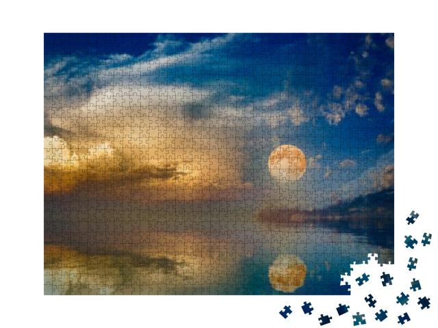 Puzzle 1000 Teile „Vollmond über dem Sonnenuntergangshimmel am Meer“
