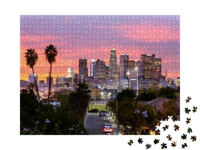 Puzzle 1000 Teile „Die Skyline der Innenstadt von Los Angeles bei Sonnenuntergang“