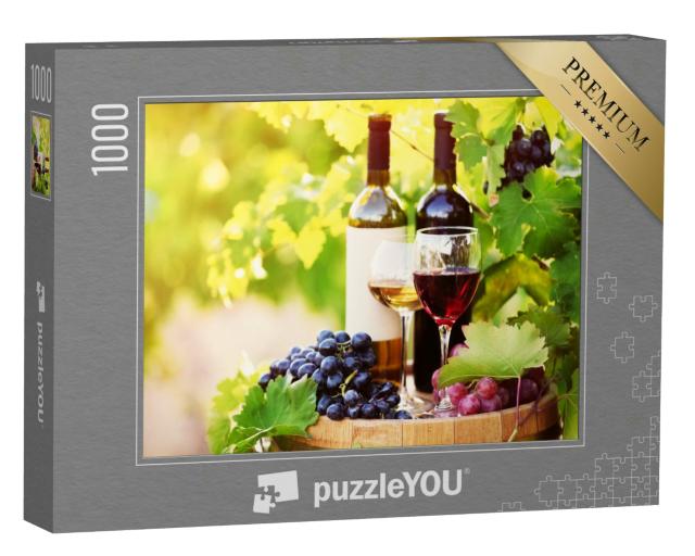 Puzzle 1000 Teile „Wein auf einem Holzfass auf einem Weinberg“