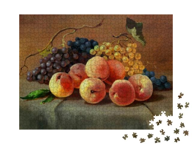 Puzzle 1000 Teile „Saftige Pfirsiche und Weintrauben auf dem Tisch“