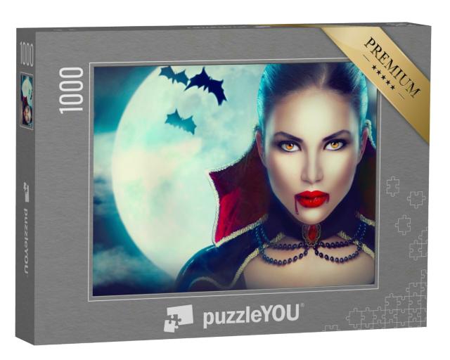 Puzzle 1000 Teile „Porträt einer Vampirfrau vor dem Vollmond“