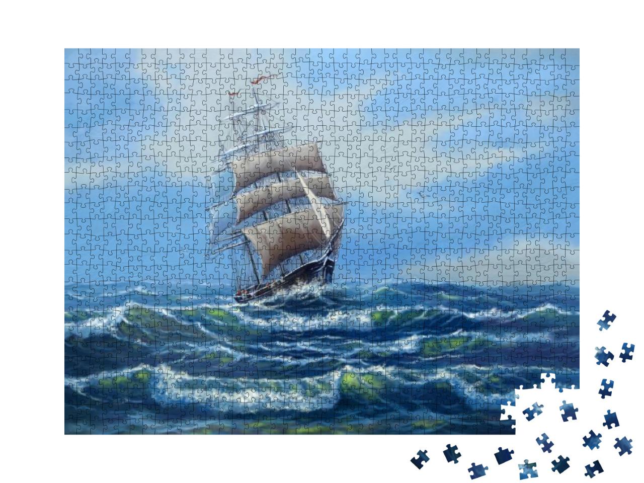 Puzzle 1000 Teile „Ölgemälde: Segelschiff auf dem offenen Meer“