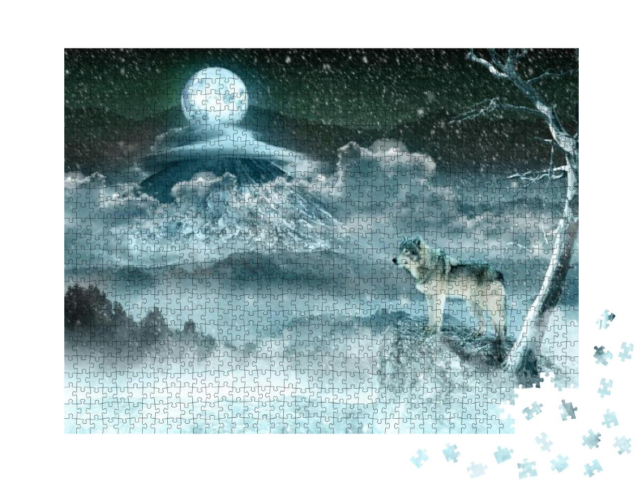 Puzzle 1000 Teile „Mondwolf in weißer Winterlandschaft“