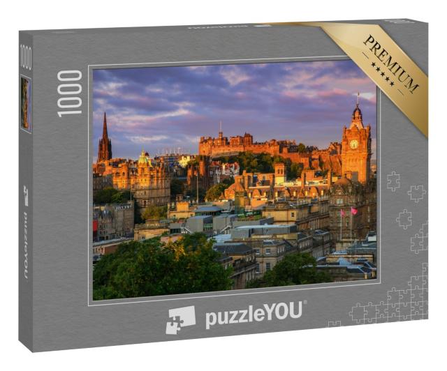 Puzzle 1000 Teile „Rotgoldener Sonnenuntergang über Edinburgh, Schottland.“