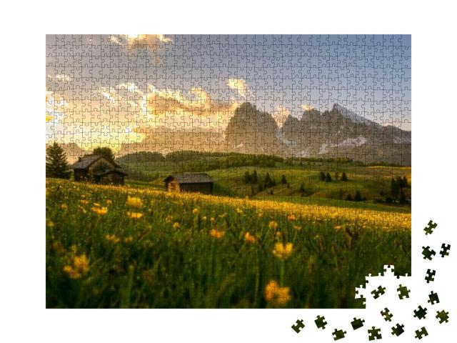 Puzzle 1000 Teile „Wunderschöner Sonnenaufgang über der Seiser Alm, Südtirol“