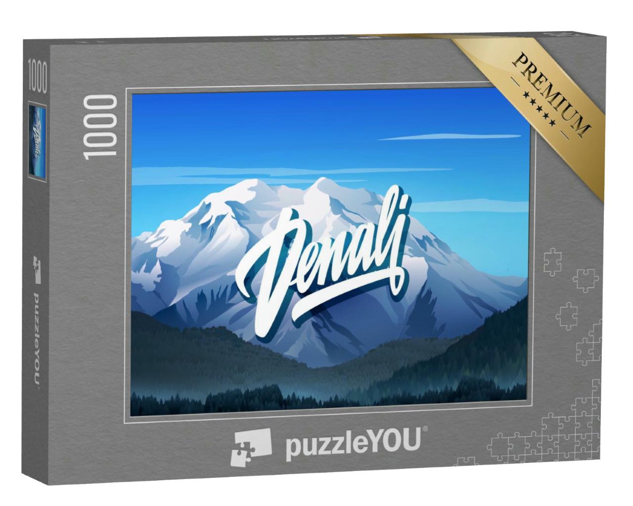 Puzzle 1000 Teile „Denali-Schriftzug mit Bergen und Bäumen, Mount McKinley, Alaska“