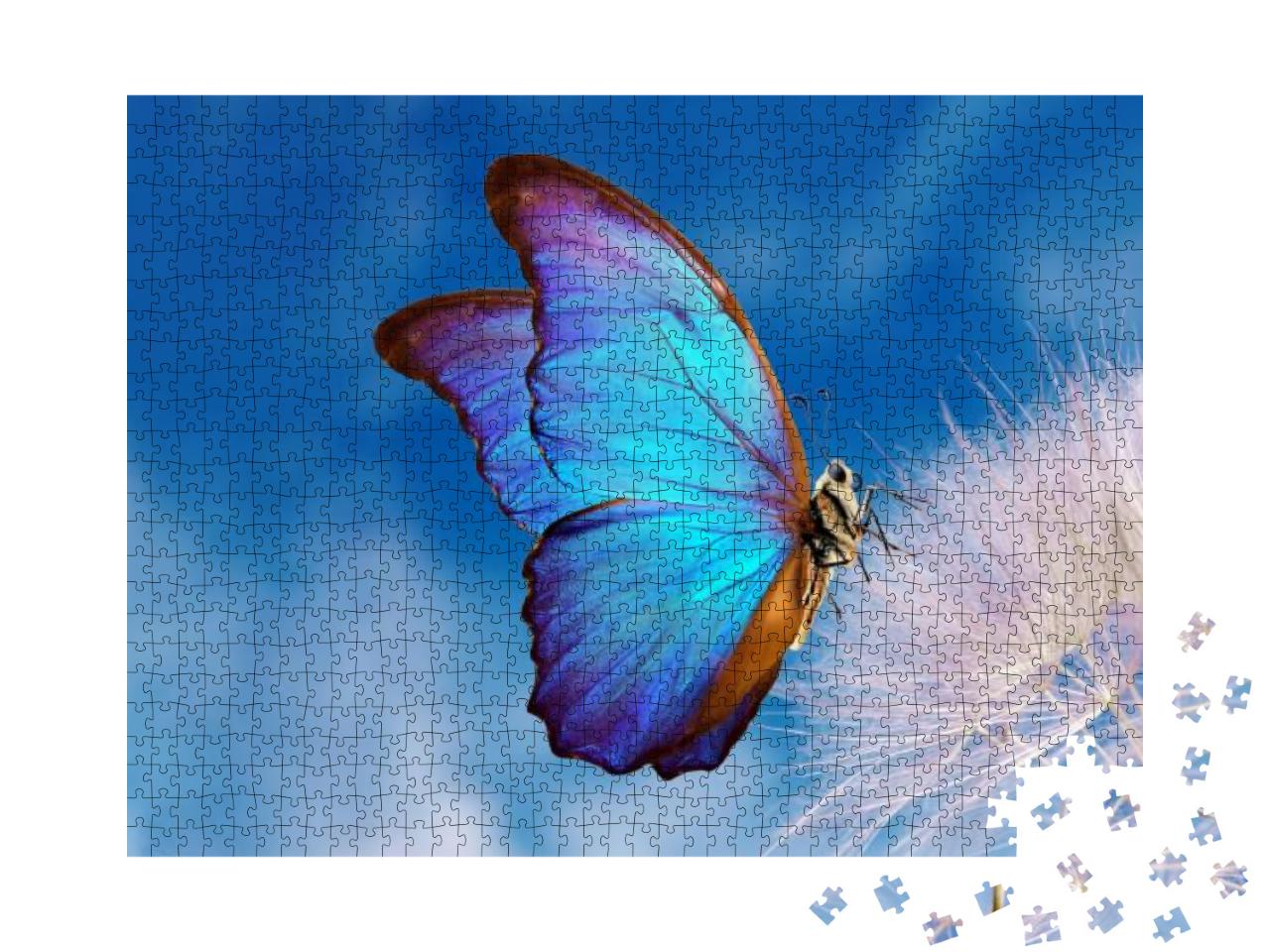 Puzzle 1000 Teile „Der blaue Morpho Schmetterling auf einer Pusteblume“