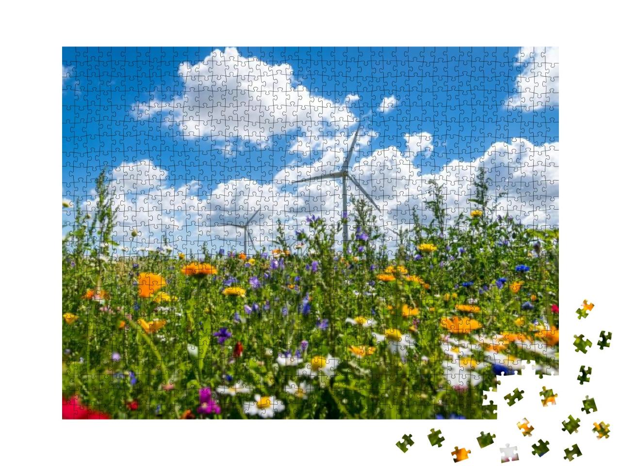 Puzzle 1000 Teile „Windräder auf blühenden Wiesen“