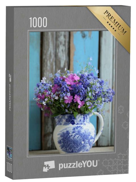 Puzzle 1000 Teile „Blau und rosa Bouquet als Vintage-Blumenstrauß  “