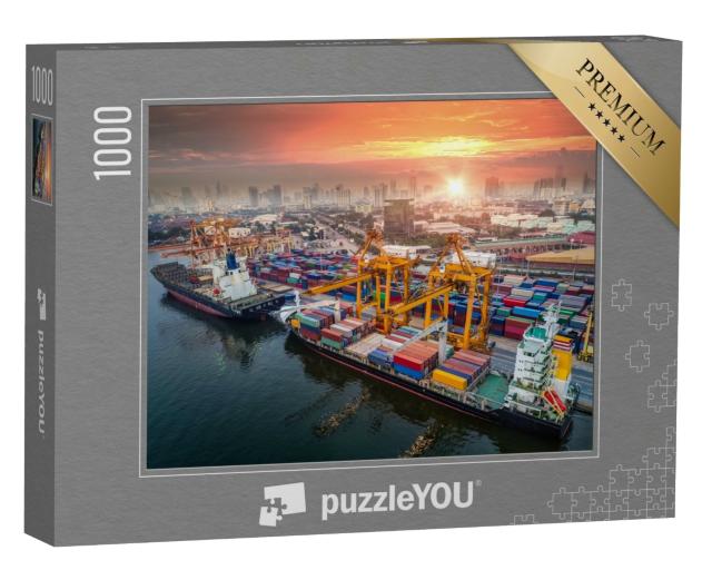 Puzzle 1000 Teile „Hafen und Großstadt in der Abenddämmerung“
