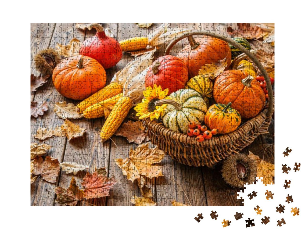 Puzzle 1000 Teile „Herbststillleben mit Kürbissen, Maiskolben und Blättern “