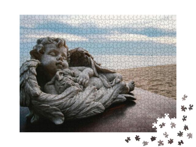 Puzzle 1000 Teile „Baby-Engel-Statue auf dem Tisch “