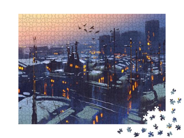 Puzzle 1000 Teile „Gemälde: Schneebedeckte Dächer im Sonnenuntergang“
