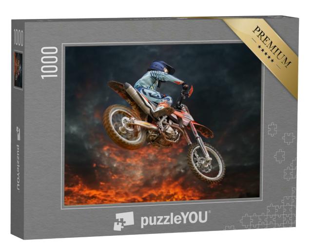 Puzzle 1000 Teile „Motocross-Stunt unter glühendem Abendhimmel“