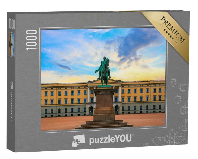Puzzle 1000 Teile „Königspalast und Statue von König Karl Johan bei Sonnenuntergang, Oslo“