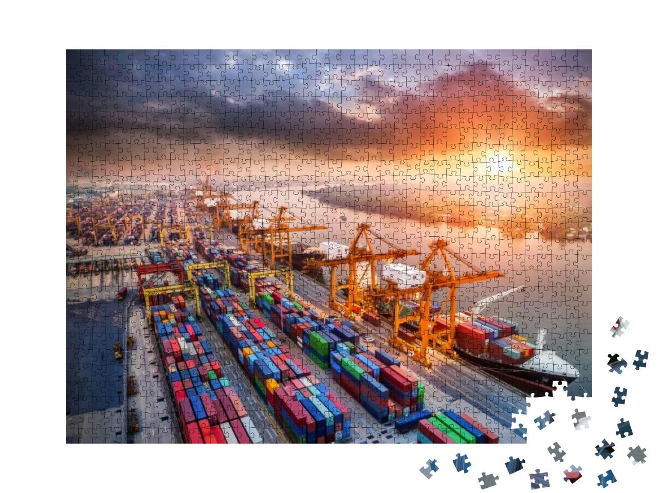 Puzzle 1000 Teile „Vogelperspektive auf einen riesigen Hafen mit Kränen und Containern“