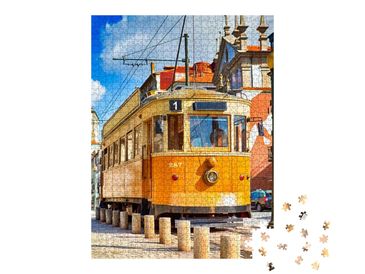 Puzzle 1000 Teile „Traditionelle gelbe Straßenbahn von Porto, Portugal“