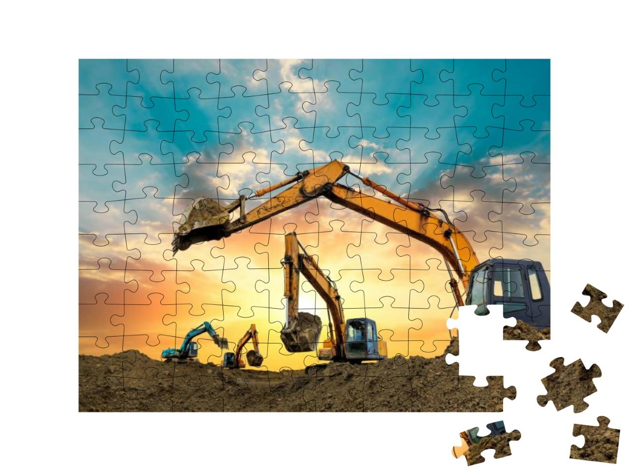 Puzzle 100 Teile „Bagger arbeiten bei Sonnenuntergang auf der Baustelle“