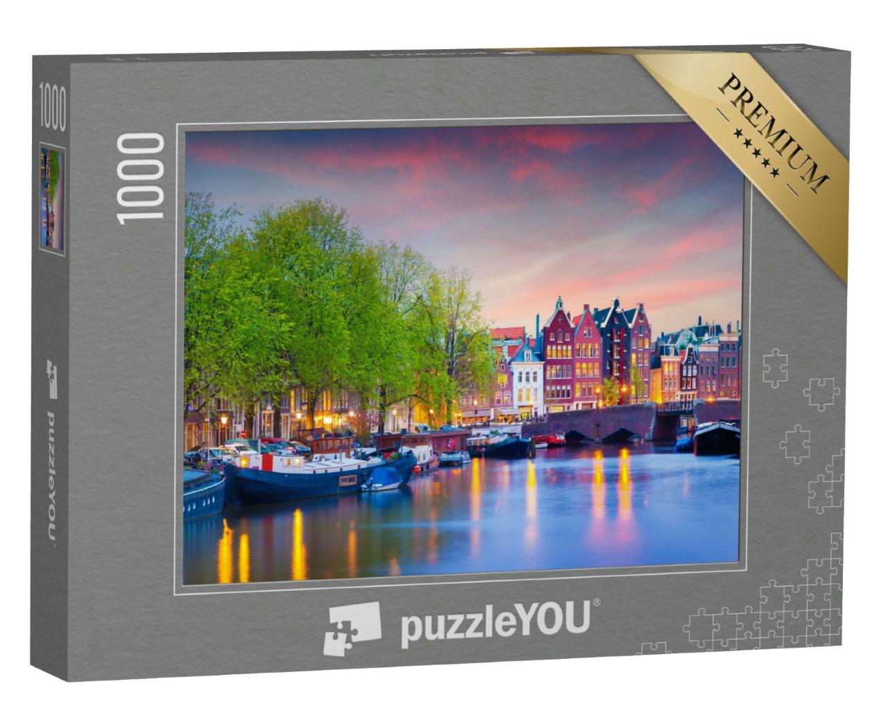 Puzzle 1000 Teile „Farbenfroher Sonnenuntergang auf den Grachten von Amsterdam, Niederlande“