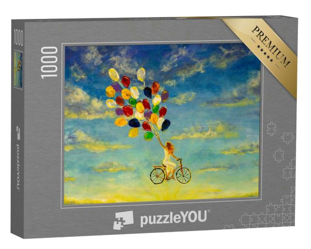 Puzzle 1000 Teile „Mädchen auf Fahrrad fliegt an bunten Luftballons durch den Himmel“