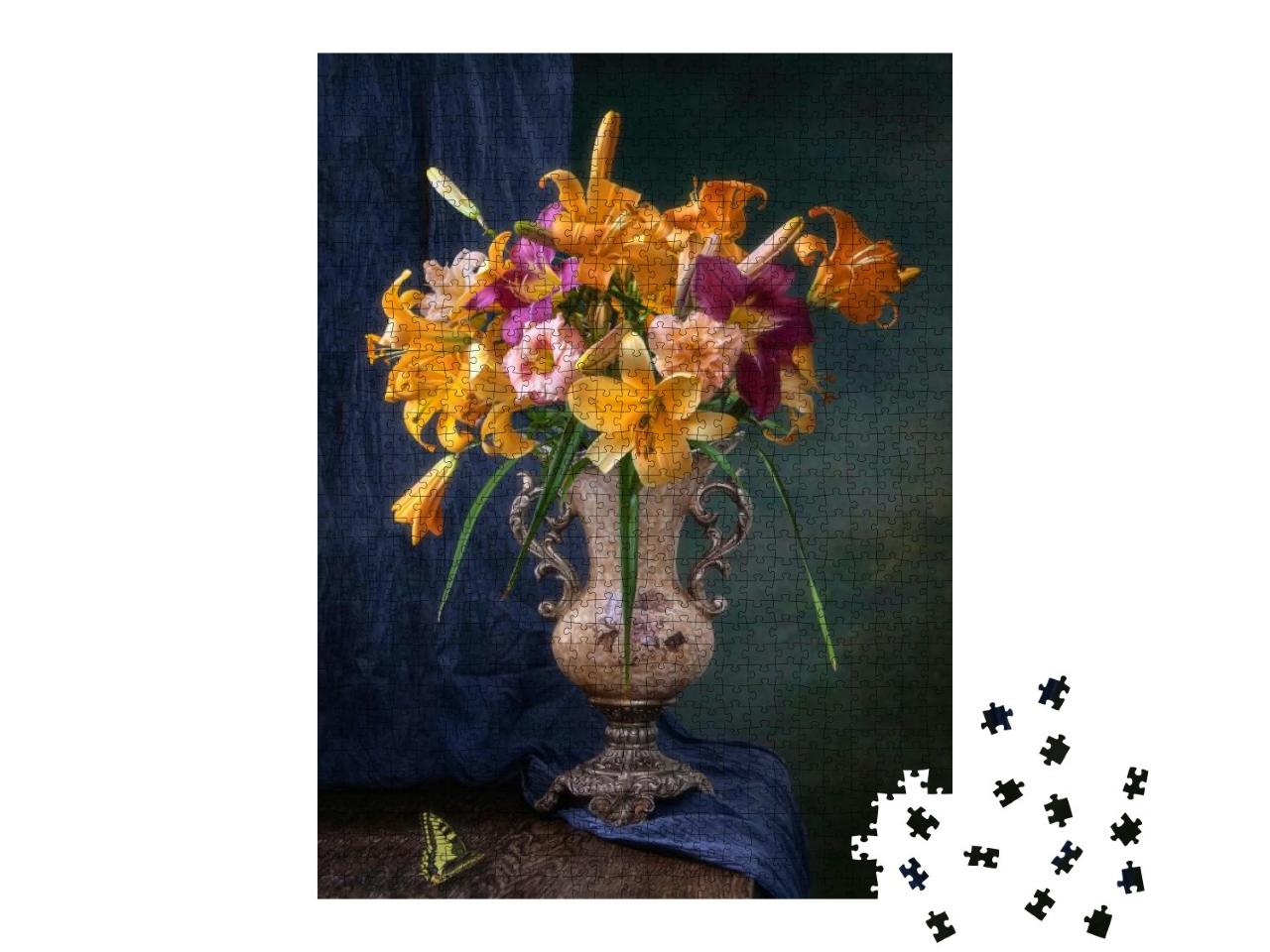 Puzzle 1000 Teile „Stilleben mit gelben Lilien und Taglilienblüten“
