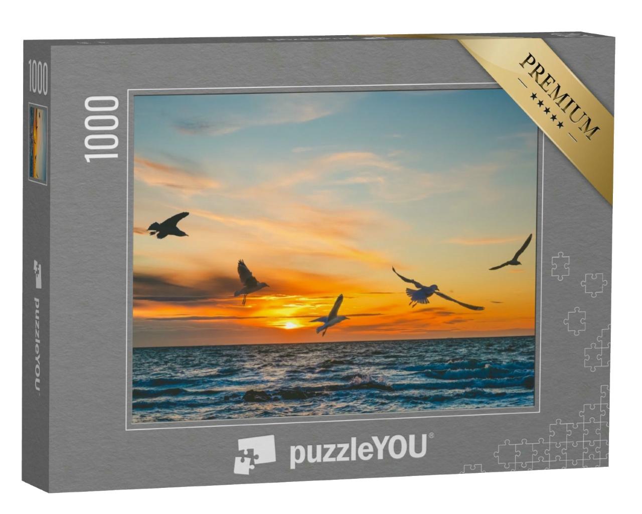 Puzzle 1000 Teile „Möwen beim Flug im Sonnenuntergang über dem Meer“