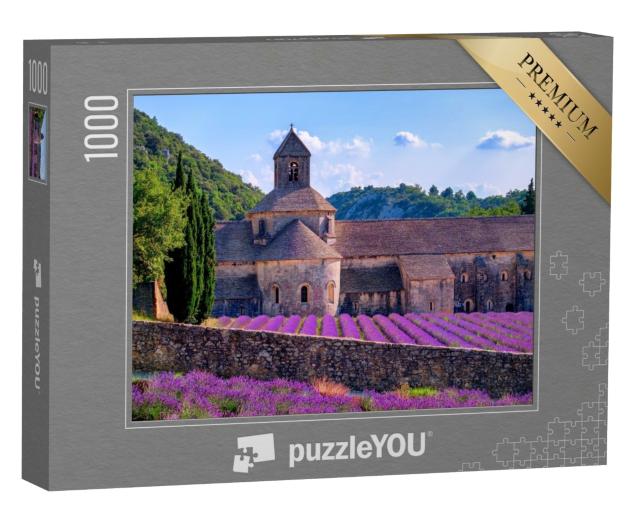 Puzzle 1000 Teile „Blühende violette Lavendelfelder im Senanque Kloster, Provence, Südfrankreich“