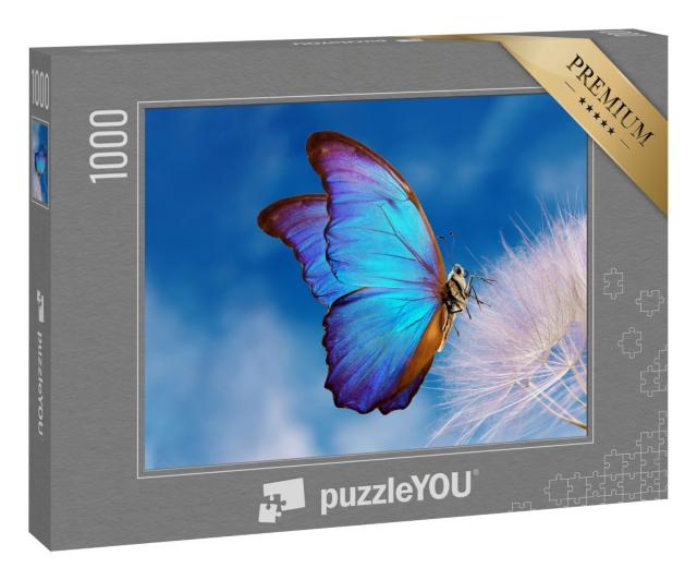 Puzzle 1000 Teile „Der blaue Morpho Schmetterling auf einer Pusteblume“