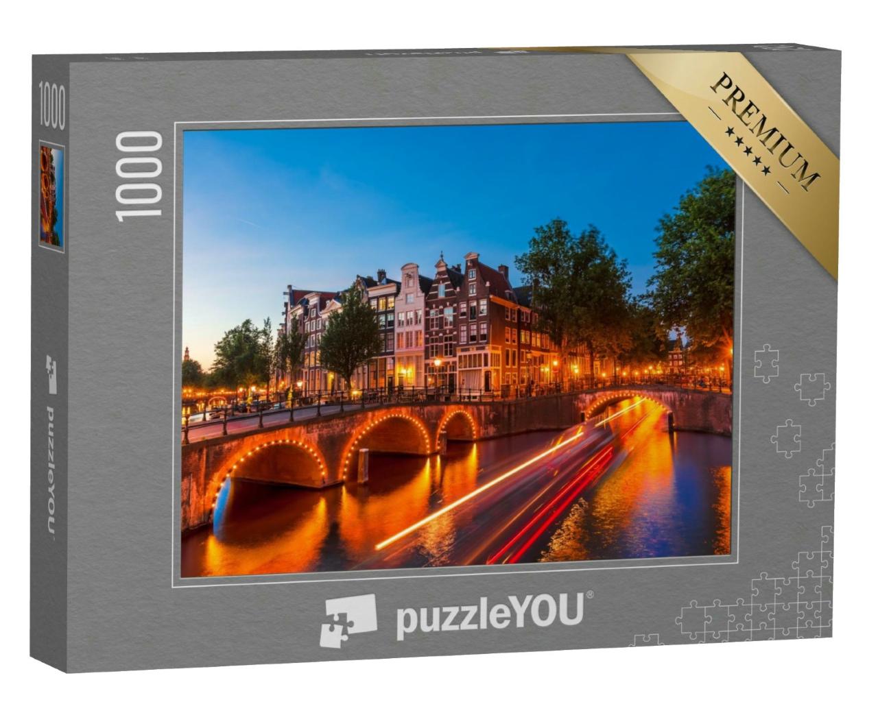 Puzzle 1000 Teile „Amsterdam-Kanal bei Nacht, Niederlande“