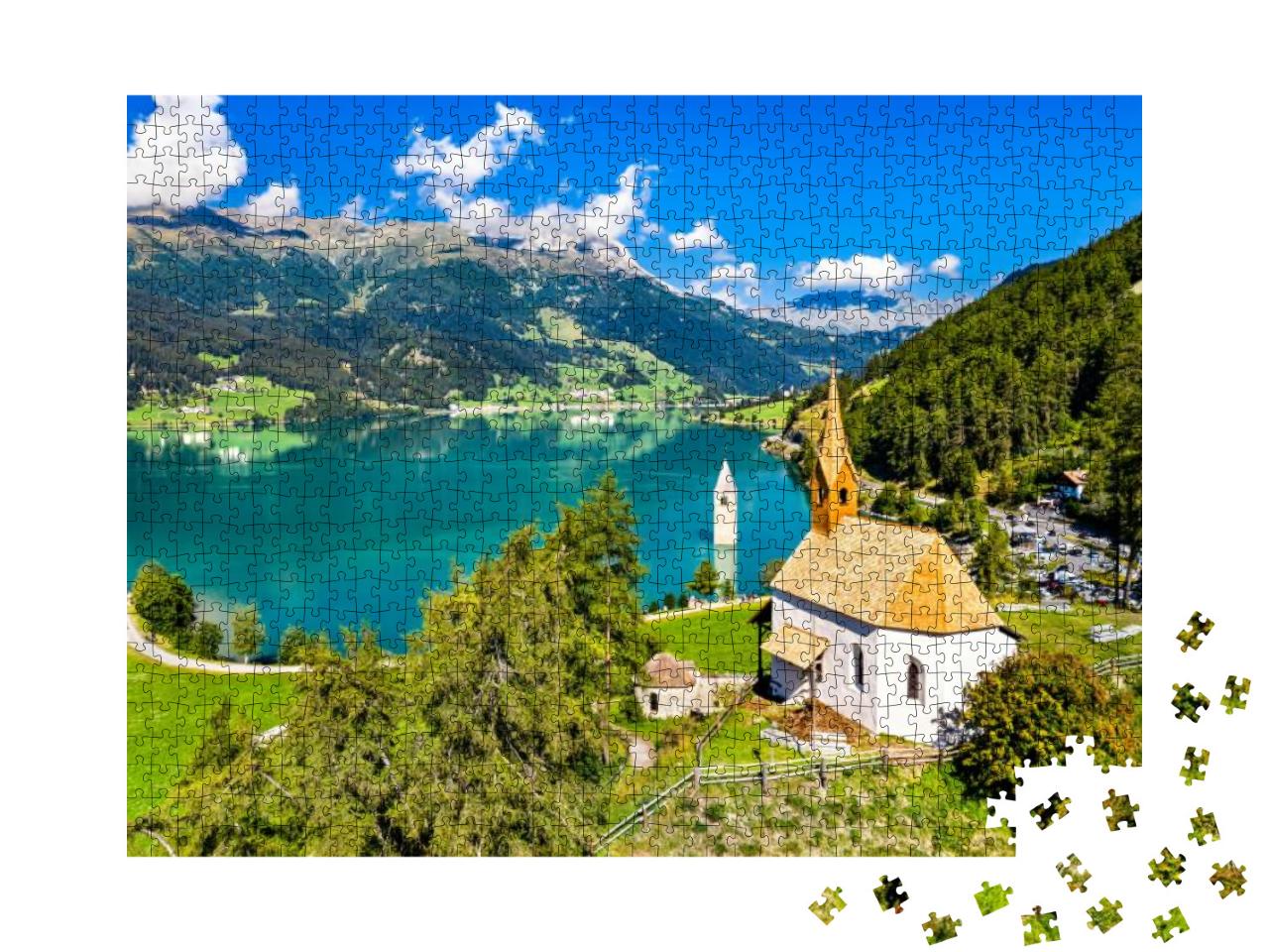Puzzle 1000 Teile „St. Anna-Kapelle und versunkener Glockenturm von Curon, Vinschgau “
