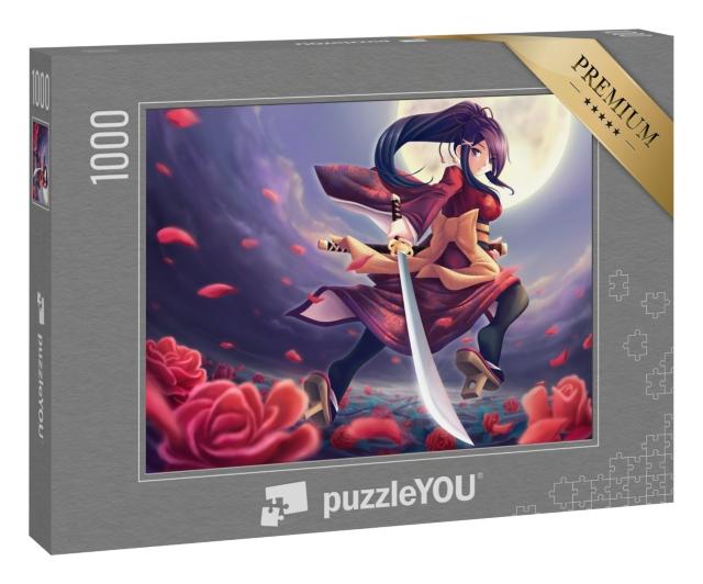 Puzzle 1000 Teile „Rosen-Samurai: ein Mädchen im Anime-Stil“