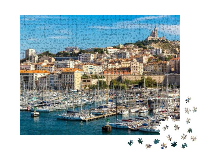 Puzzle 1000 Teile „Basilika Notre Dame de la Garde und alter Hafen in Marseille, Frankreich“
