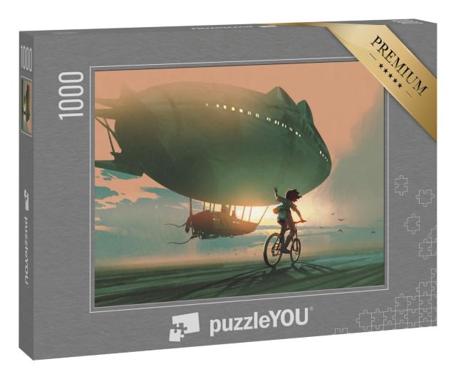 Puzzle 1000 Teile „Fahrradfahrendes Kind winkt einem Zeppelin hinterher“