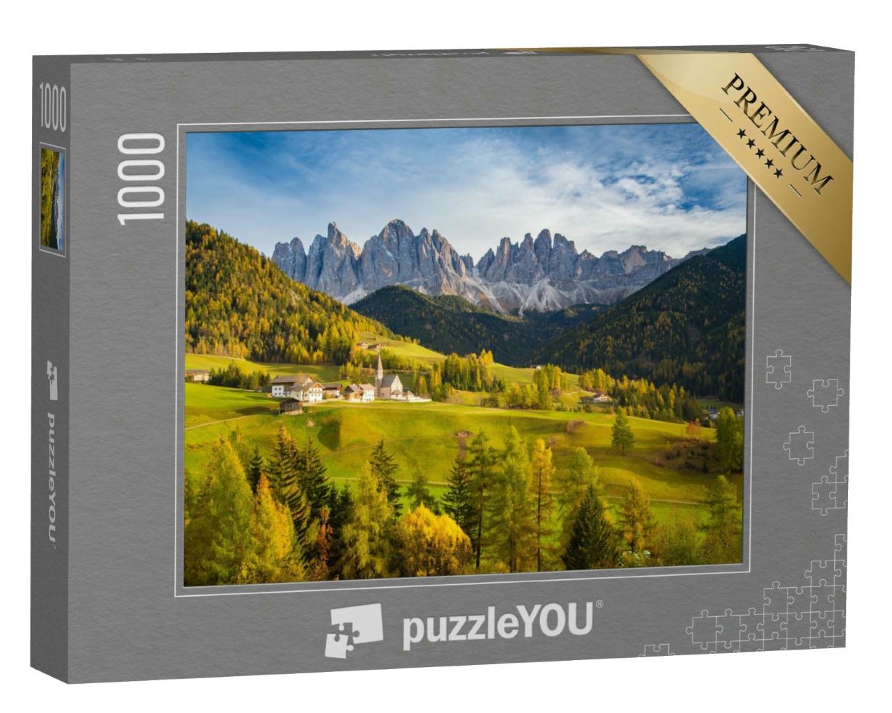 Puzzle 1000 Teile „Bergdorf Santa Maddelana im Abendlicht, Dolomiten“