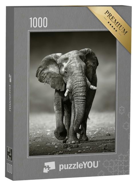 Puzzle 1000 Teile „Afrikanischer Elefant im Etosha-Nationalpark, Namibia, schwarz-weiß“