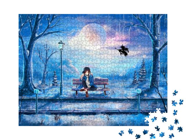 Puzzle 1000 Teile „Ein Anime-Mädchen sitzt in einem Park“