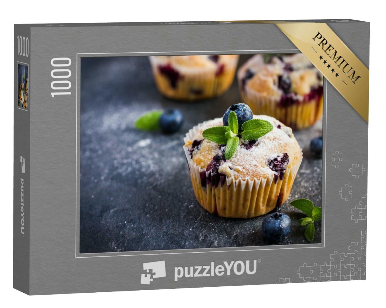 Puzzle 1000 Teile „Blaubeer-Muffins mit Puderzucker und frischen Beeren“