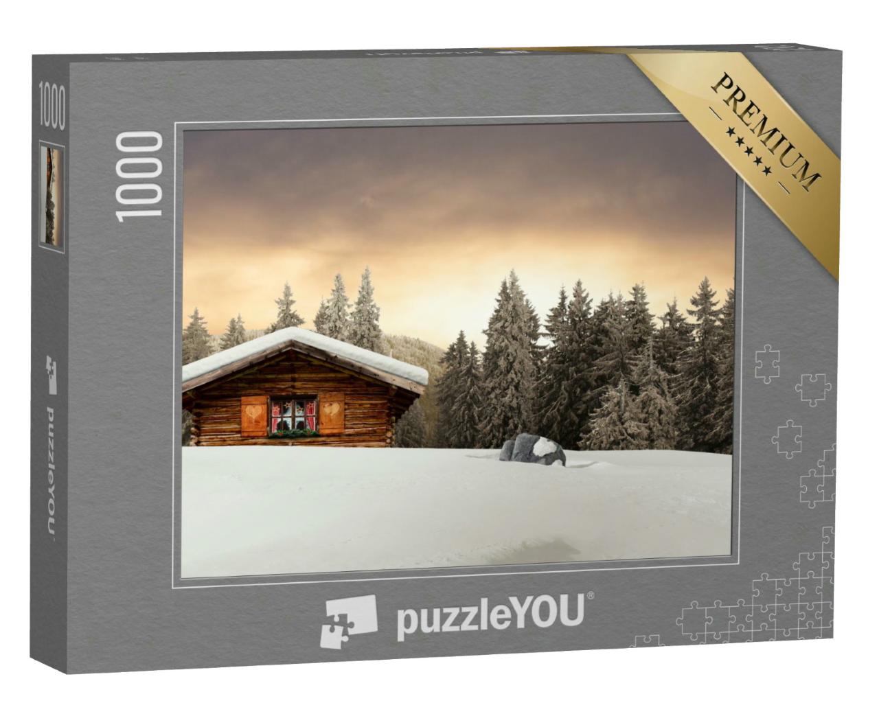 Puzzle 1000 Teile „Rustikale Holzhütte in den verschneiten Bergen“