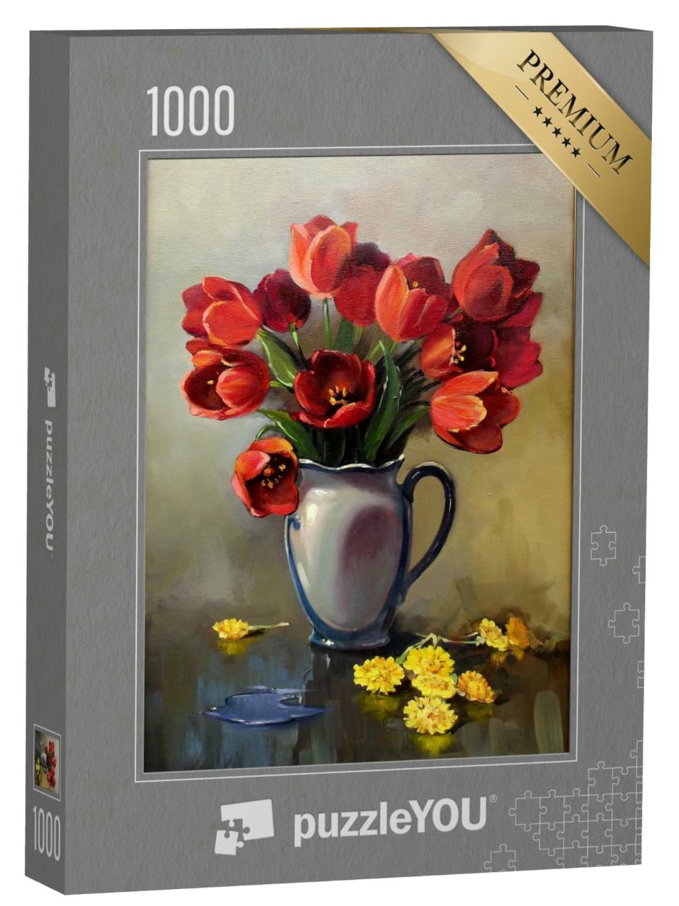 Puzzle 1000 Teile „Blumenstrauß aus Tulpen in einer Keramikvase und Löwenzahn auf dem Tisch“