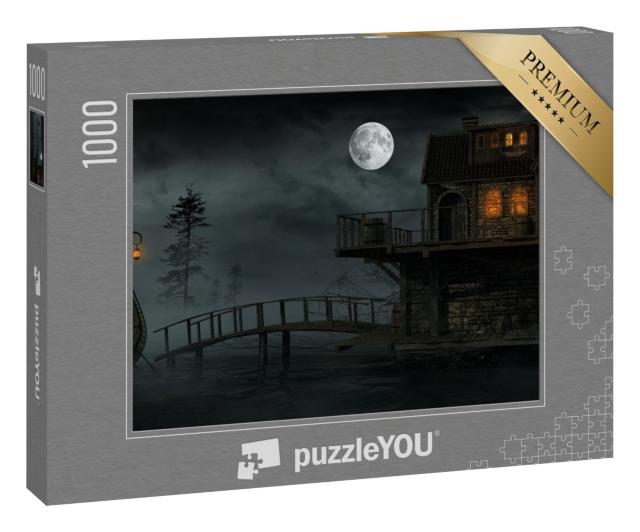 Puzzle 1000 Teile „Nachtszene mit Boot und Nebel über dem Wasser“