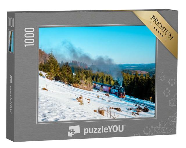 Puzzle 1000 Teile „Dampflok im Schnee: Winterlandschaft im Harz, Deutschland“