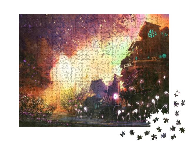 Puzzle 1000 Teile „Fantasielandschaft mit alter Burg, digitale Malerei, Illustration“