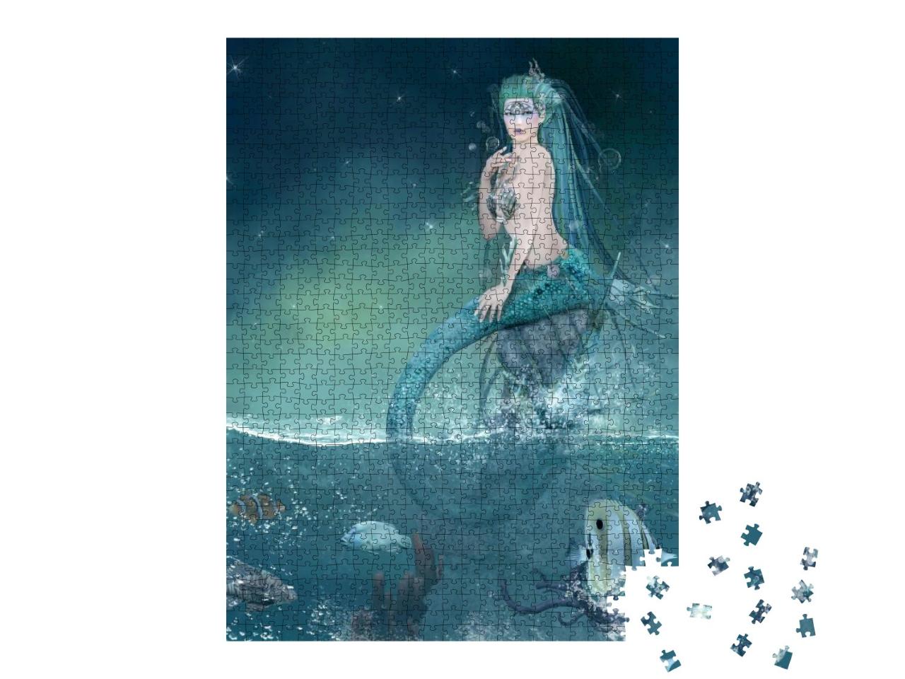 Puzzle 1000 Teile „Fantasy-Meerjungfrau auf einem Felsen“