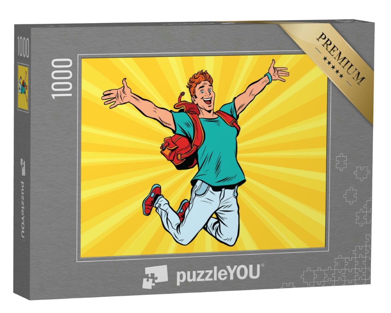 Puzzle 1000 Teile „Junger Mann springt vor Freude, Pop-Art Retro-Comic“